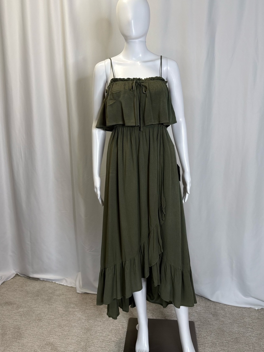 NWT Lulus Sincerely Yours Olive Green Ruffle Midi Dress Size Small Sundress - Picture 5 of 14